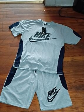Nike Gray and Navy Two-Piece Athletic Tee & Shorts
